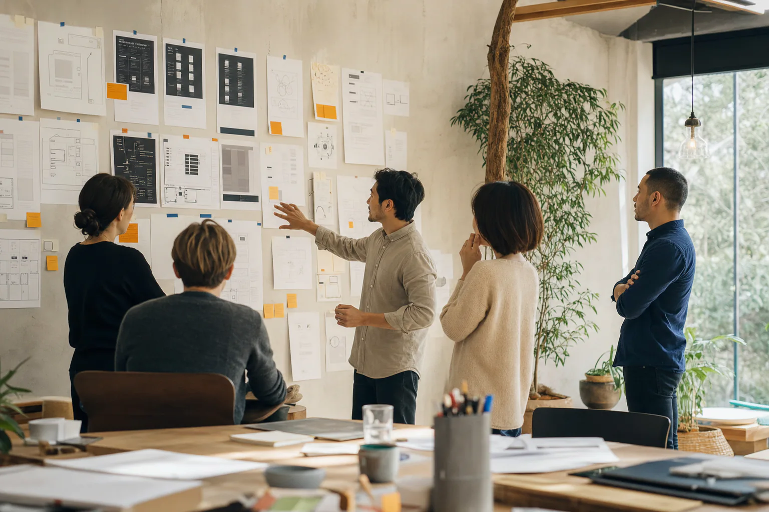 Product workshop with collaborators reviewing interface sketches