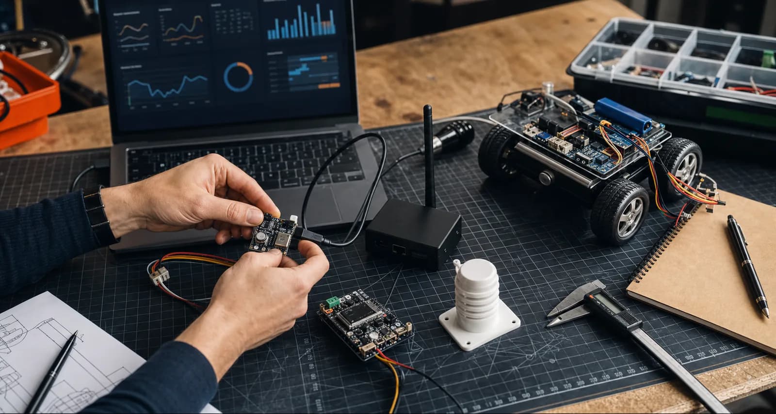 Engineer connecting sensors, an IoT gateway, and a device prototype